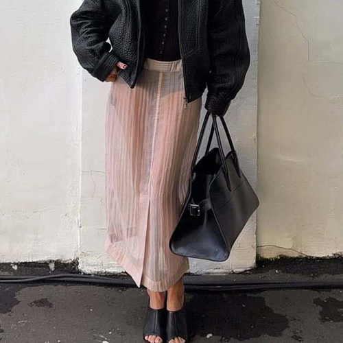 粉色透视开叉高腰包臀半身裙