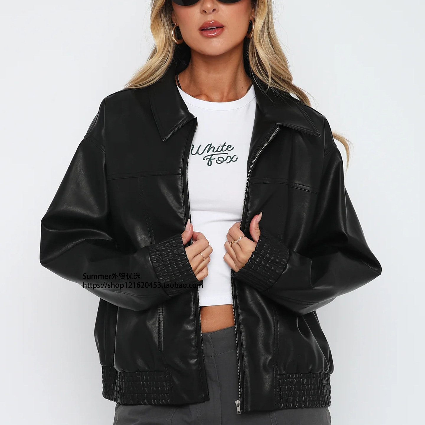 欧美女式皮PU棒球服夹克长袖拉链外套PU leather baseball jacket