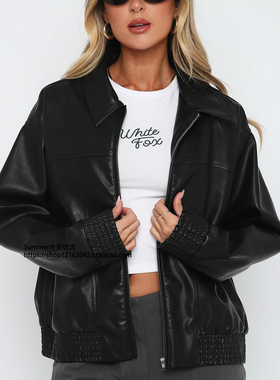 欧美女式皮PU棒球服夹克长袖拉链外套PU leather baseball jacket