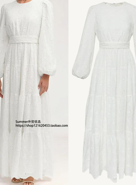 迪拜中东纯棉刺绣花朵连衣裙腰带长裙女 Cotton white long skirt