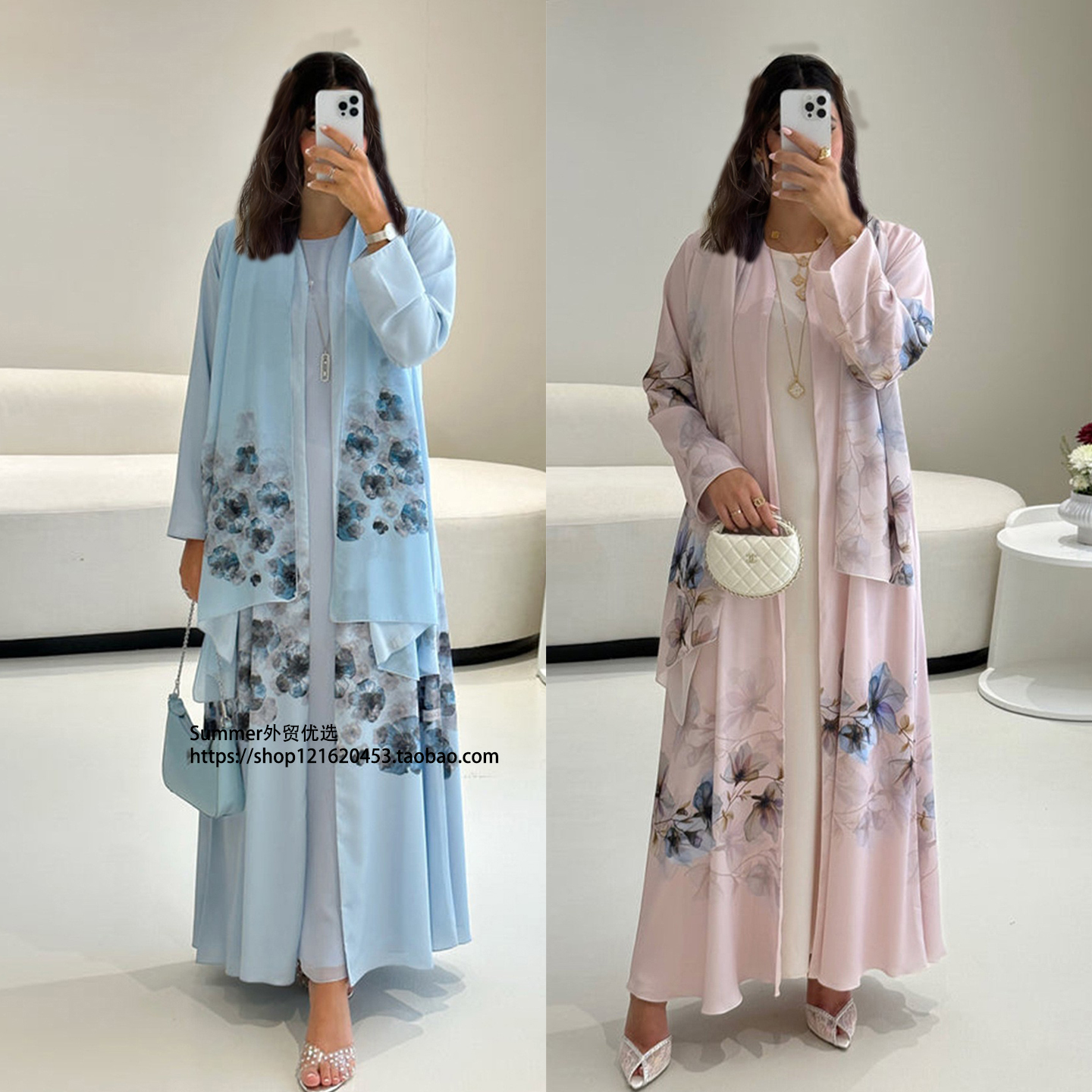 中东阿拉伯印花开衫含头巾长袍女