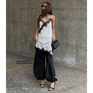 camisole lace dress Satin 知性风蕾丝撞色连衣裙性感色丁吊带裙