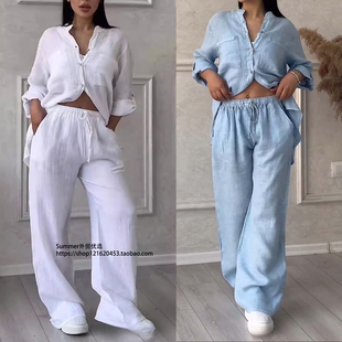 cotton 2026春夏欧美休闲棉麻纯色衬衫 linen 套装 set 抽绳阔腿裤