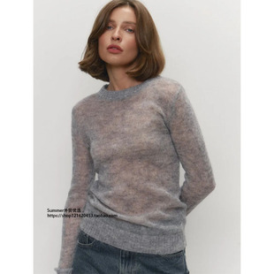 马海毛圆领套头毛衣舒适针织打底半透毛衣女Translucent knitwear
