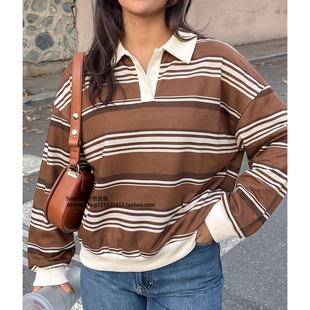 休闲条纹系扣套头宽松长袖卫衣女Striped buckle pullover hoodie