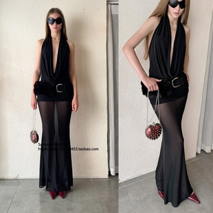 性感低胸深V领露背包臀裙网纱半身裙套装 Low cut backless dress