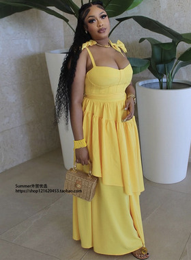 2025蝴蝶结吊带v领荷叶边连露背连衣裙 Yellow bow ruffled dress