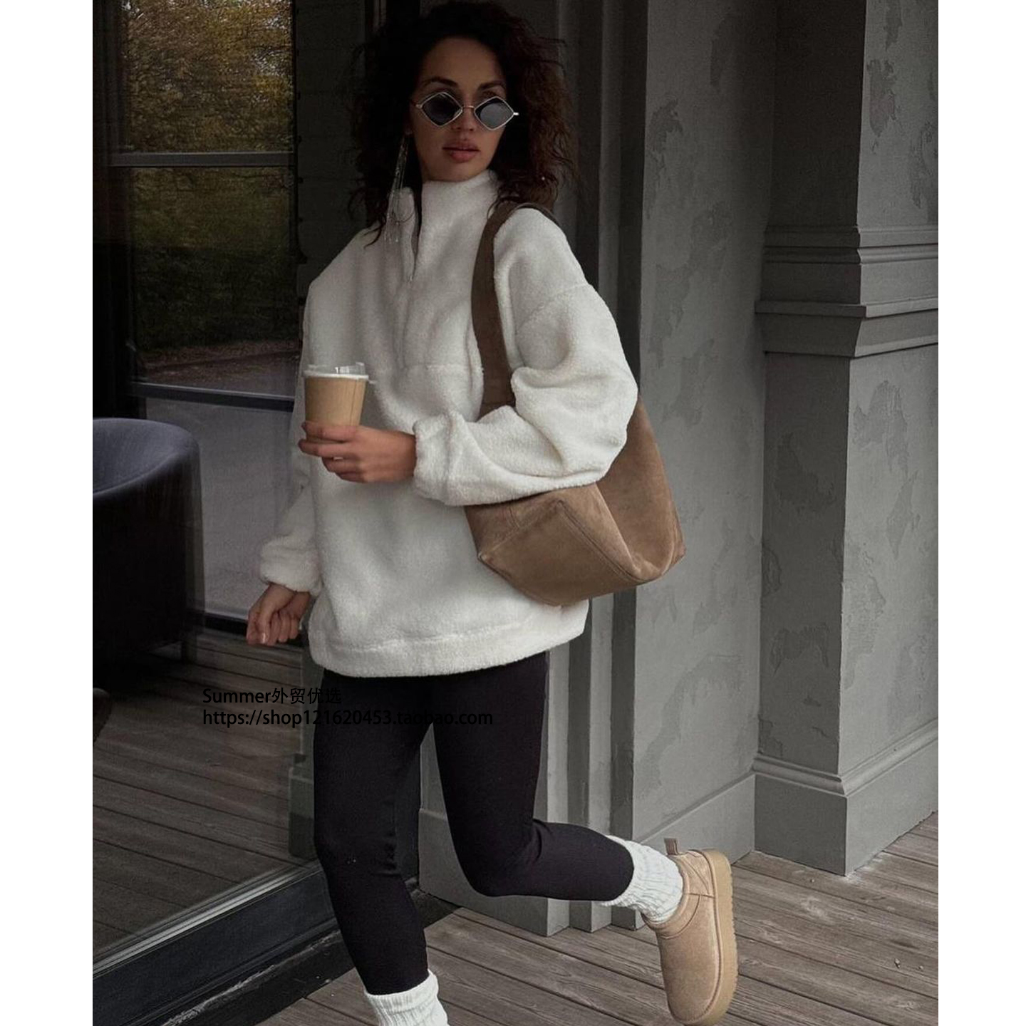 2025秋欧美半拉链百搭毛绒卫衣女