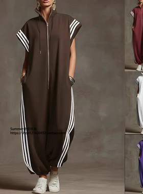 欧美拉链立领条纹撞色时尚短袖连体裤女 Striped zipper jumpsuit