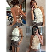 backless 性感雪纺褶皱挂脖后背露背系带背心上衣女 Chiffon vest