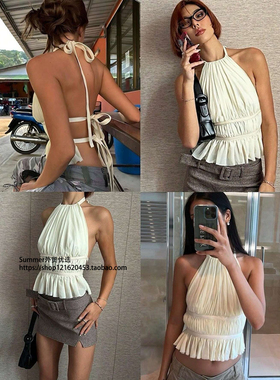 性感雪纺褶皱挂脖后背露背系带背心上衣女 Chiffon backless vest