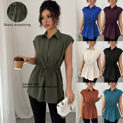 欧美单排扣POLO领女士短袖上衣女