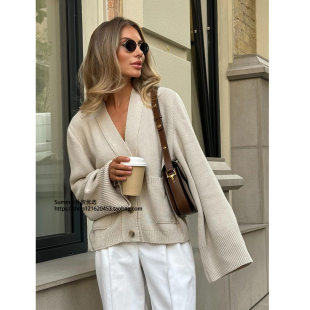 knitted neck cardigan 毛衣欧美V领慵懒风宽松毛衣V 宽松针织开衫