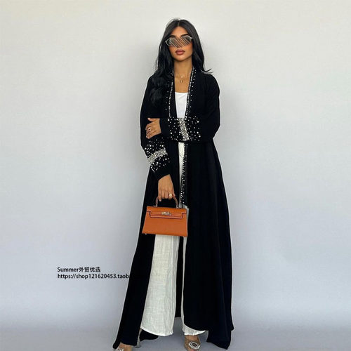 中东开衫黑色烫钻泡珠连衣裙长袍