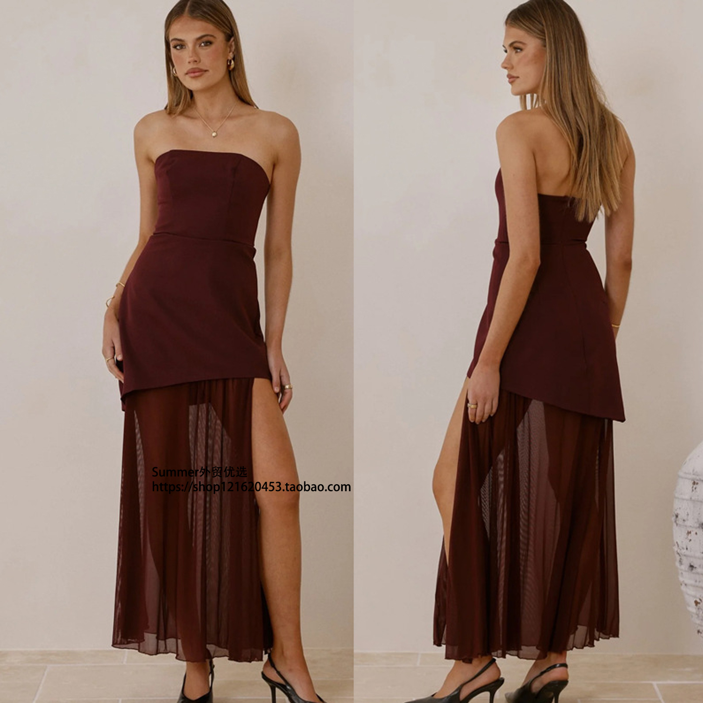 2026性感抹胸网纱拼接露肩连衣裙