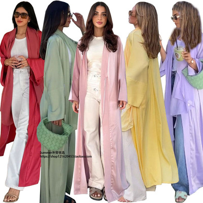 中东开衫锻面纯色系带开衫长袍