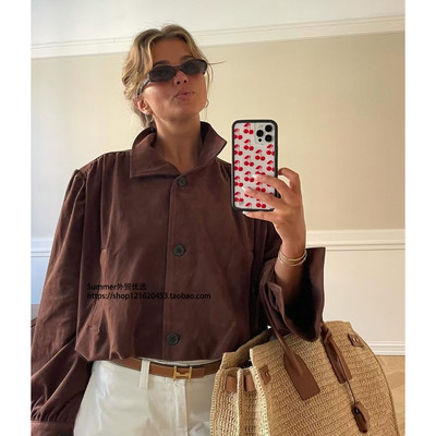 2025秋欧美麂皮绒垫肩西装外套女