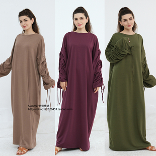 中东迪拜土耳其袖 Cuff drawstring dress 口抽绳连衣裙阿巴亚长袍
