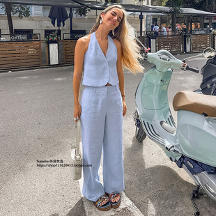 蓝色棉麻挂脖露背马甲背心长裤套装 Backless waistcoat pantsuit