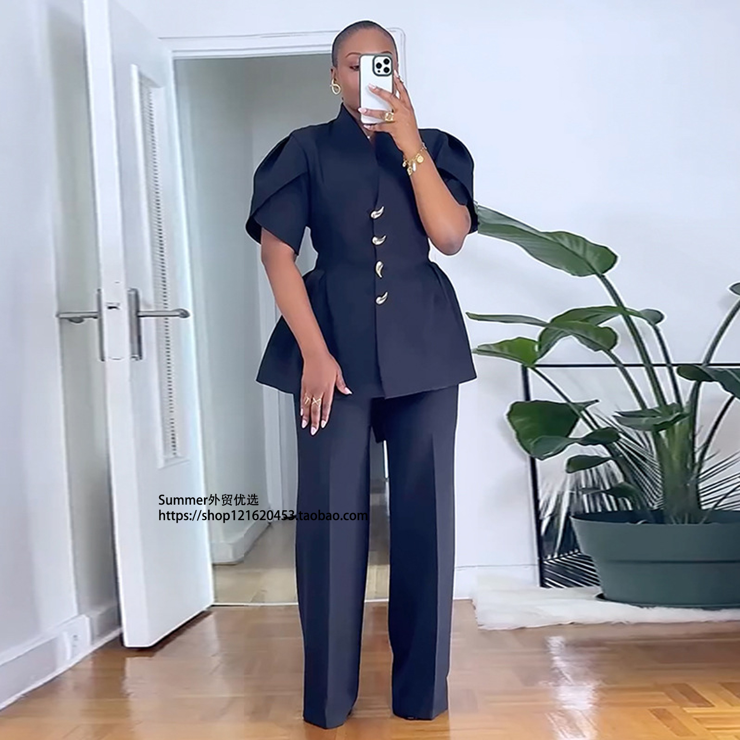 2026春欧美立领收腰衬衫长裤套装