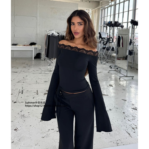 2026春欧美性感露肩蕾丝花边T恤