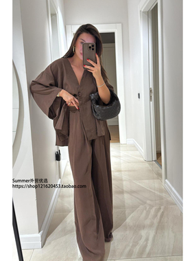 V领一粒扣宽松长袖上衣高腰西裤套装 Loose top and trousers set