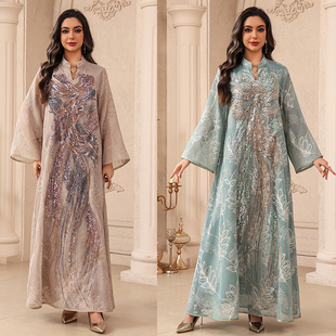 Embroidered Robe Arabic 中东网纱刺绣长袍迪拜钉珠贴花连衣裙女