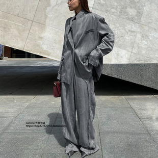 上衣外套设计感宽松阔腿裤 翻领长袖 两件套女suit 套装 复古扎染西装