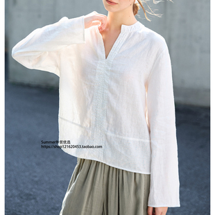 老钱风纯亚麻v领长袖T恤简约松弛感麻料上衣 Linen loose T-shirt