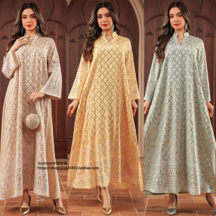 连衣裙embroidered 长款 dress V领长袖 2026中东珠片刺绣阿拉伯时尚