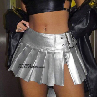 欧美收腰显瘦PU皮质百褶裙女士百搭超短款半身裙PU pleated skirt