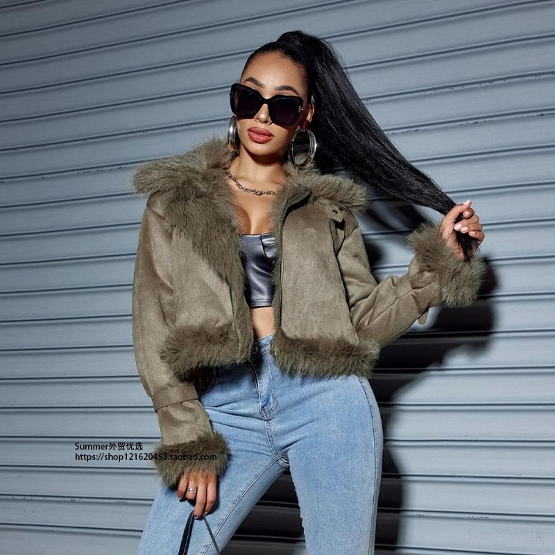 毛领麂皮绒短款外套女秋冬夹克机车服女 Suede motorcycle jacket