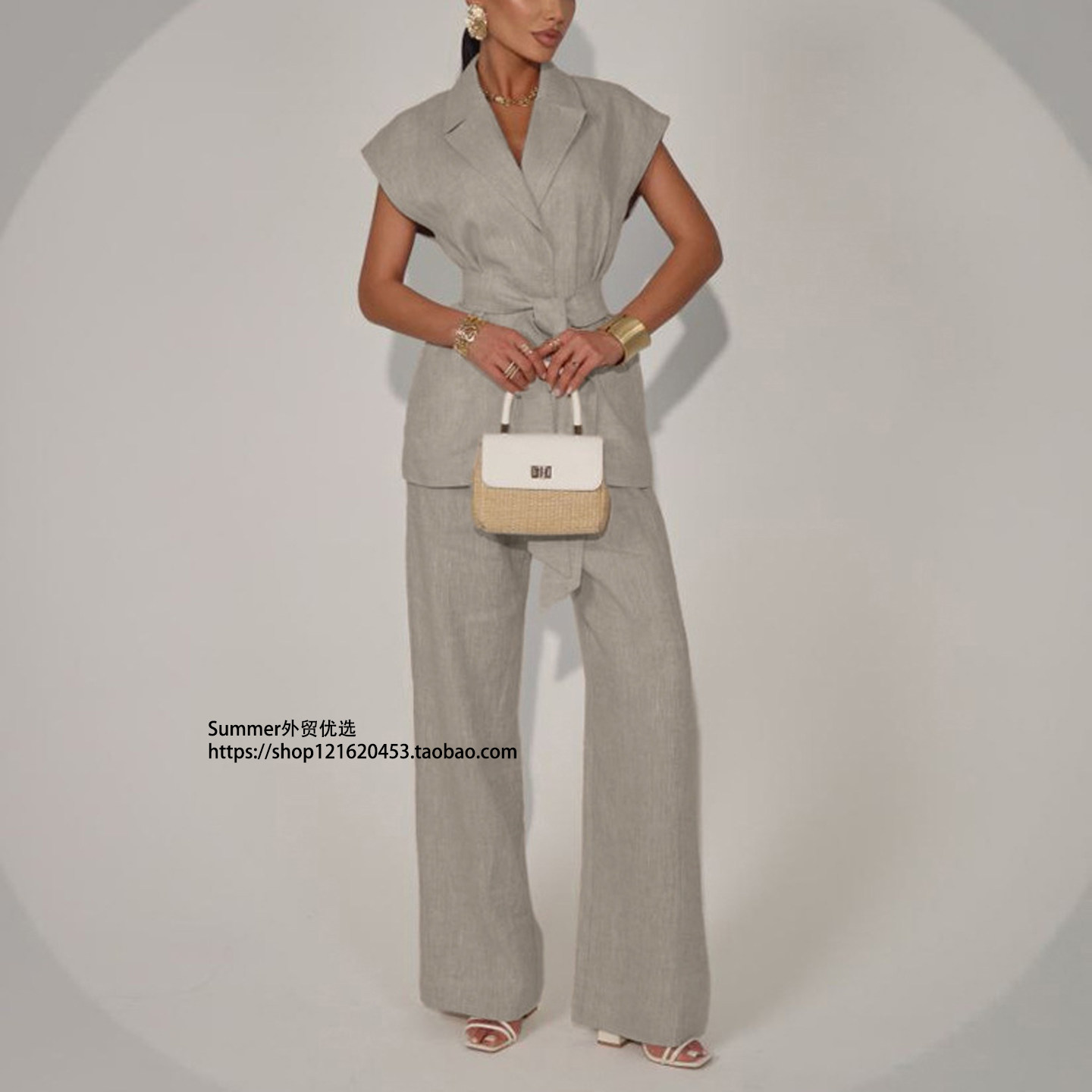 无袖绑带上衣阔腿裤套装 Sleeveless top and wide leg pants set