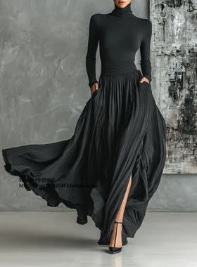 法式复古修身高领上衣长裙套装High neck top and long skirt set