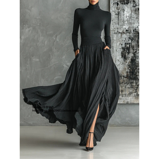 High neck skirt 复古修身 set long 高领上衣长裙套装 and 法式 top