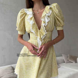 荷叶边泡泡袖印花连衣裙女 Lotus leaf edge bubble sleeve dress