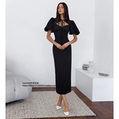 欧美气质性感泡泡袖 dress 镂空连衣裙Hollow lace 系带修身 短袖