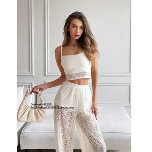 piece 欧美蕾丝短脐吊带背心阔腿裤 set two pants 两件套Wide leg