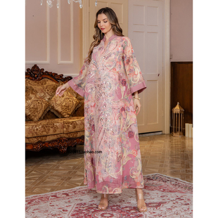 沙特阿拉伯珠片印花连衣裙中东女士长裙优雅长袍Bead dress print