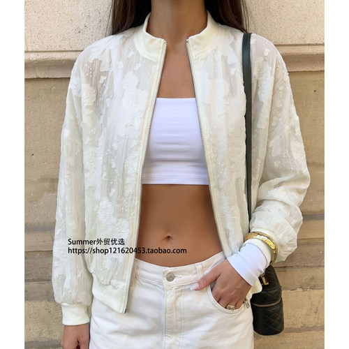 欧美立领拉链提花透视长袖外套女