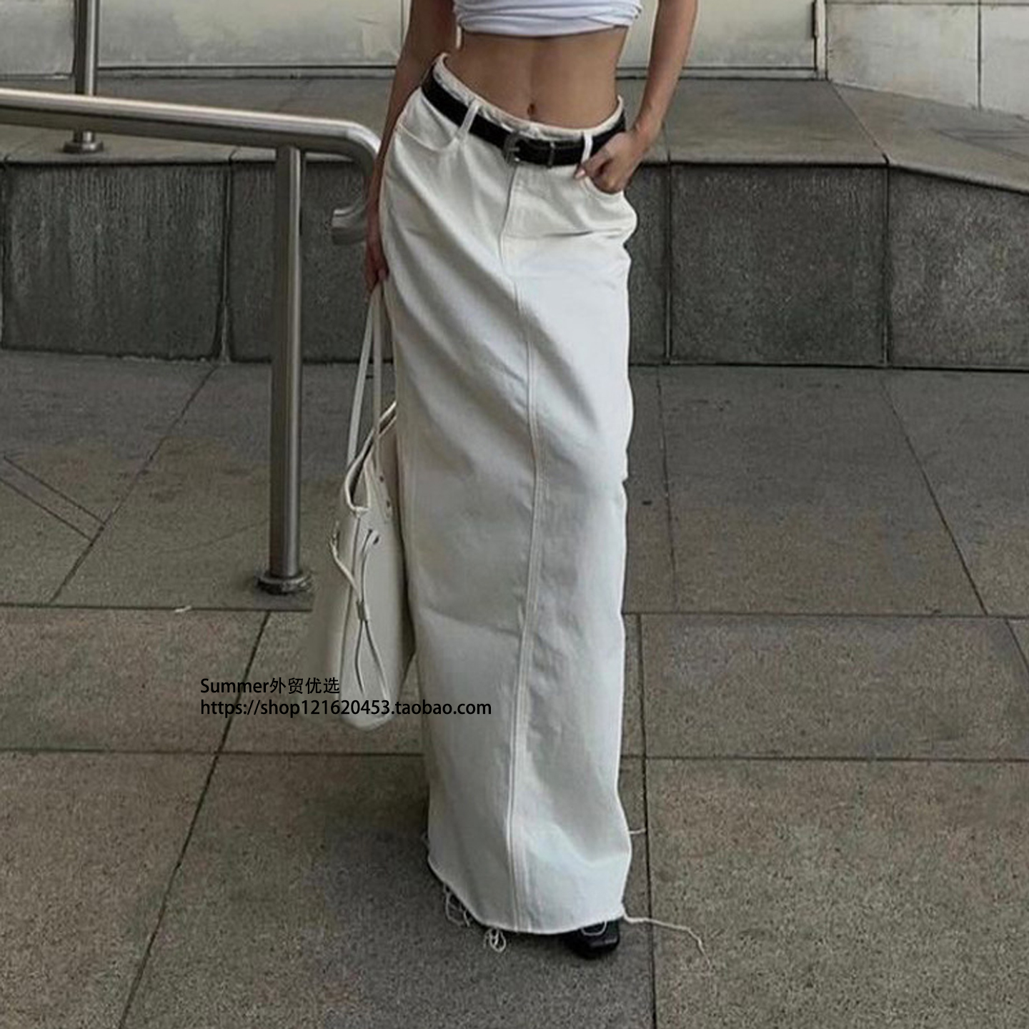 2025秋欧美纯棉开叉高腰半身裙女