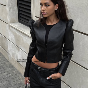 jacket 复古V领街头短款 leather Waist shirt PU皮衬衣收腰上衣女