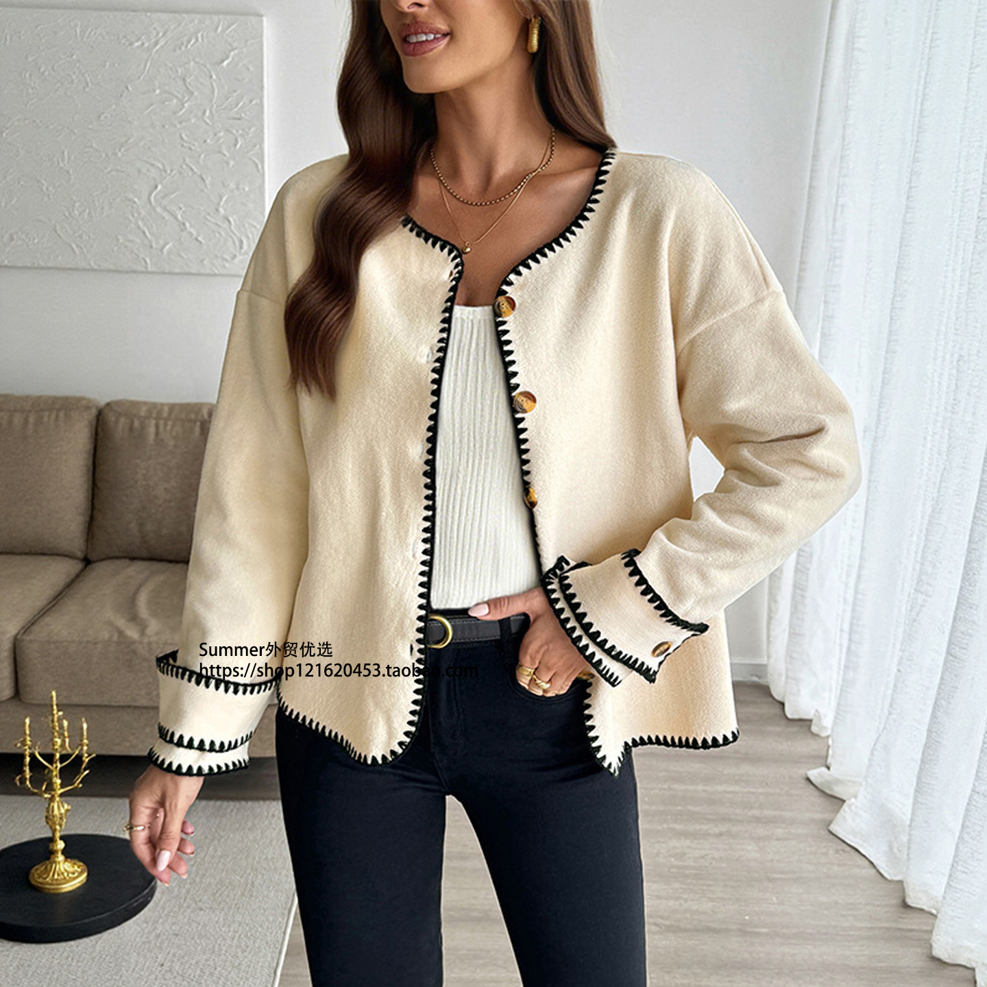 欧美休闲撞色宽松摇粒绒圆领外套