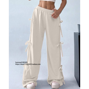 tie 欧美蝴蝶结绑带撞色长裤 松紧腰休闲直筒裤 女Bow pants casual