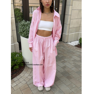 Striped 休闲两件套女 shirt and set 纯棉竖纹衬衫 pants 系带长裤