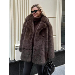 fur 保暖皮草西装 collar 狐狸毛外套Suit coat 领仿皮草大衣中长款