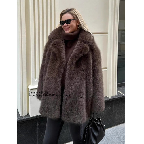 2025冬欧美仿皮草中长款大衣外套