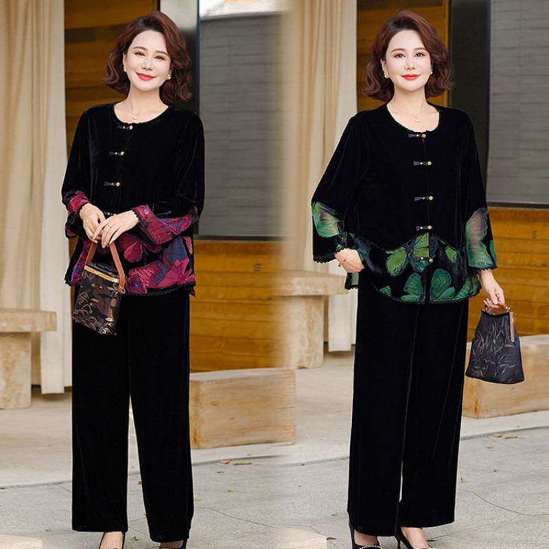 专柜品牌妈妈春装金丝绒套装洋气50多岁中老年女装大码宽松上衣时