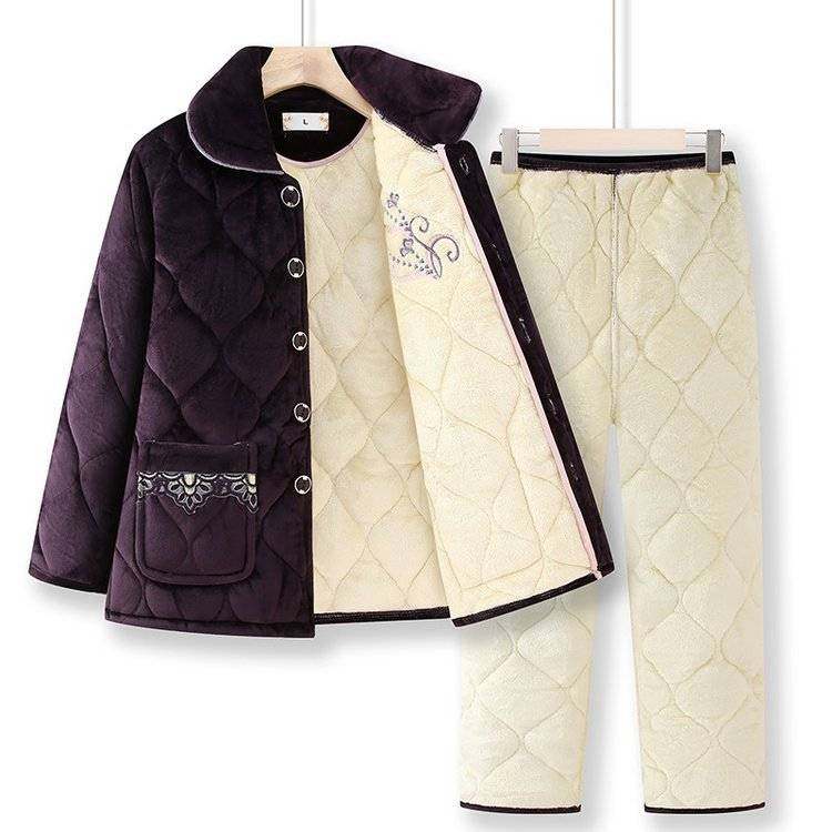 专柜品牌老年人冬装睡衣女妈妈珊瑚绒加绒加厚棉衣棉裤奶奶保暖套