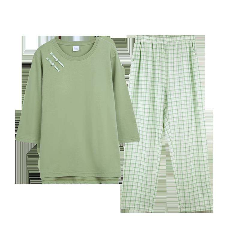 专柜品牌纯棉睡衣女士春秋款全棉带胸垫可外穿七分袖九分裤家居服